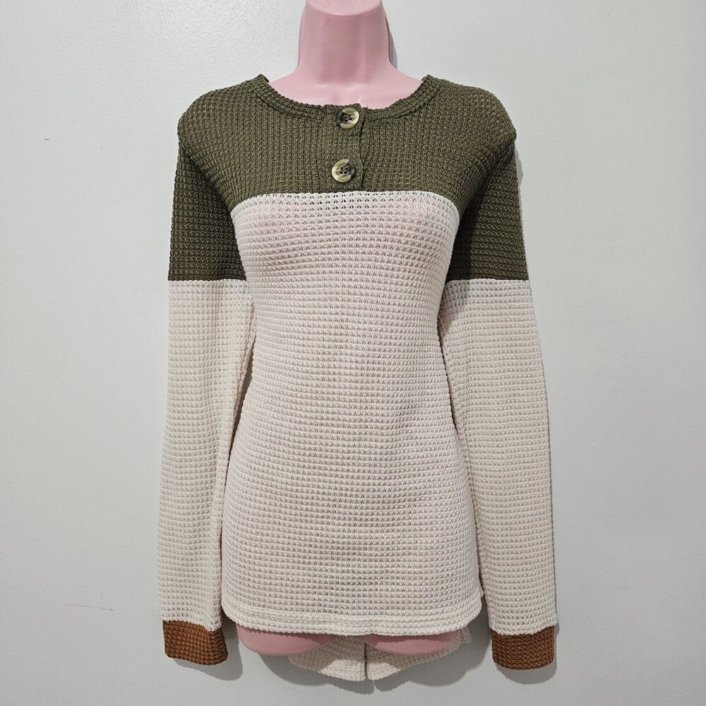 Daytrip - Sweater Waffle Knit - Size M - Cream Green Copper Colorblock